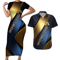 Angry Bowling Ball and Pins Couples Matching Short Sleeve Bodycon Dress and Hawaiian Shirt with Blue and Gold Metallic Stripe Graphic Design - Wonder Print Shop