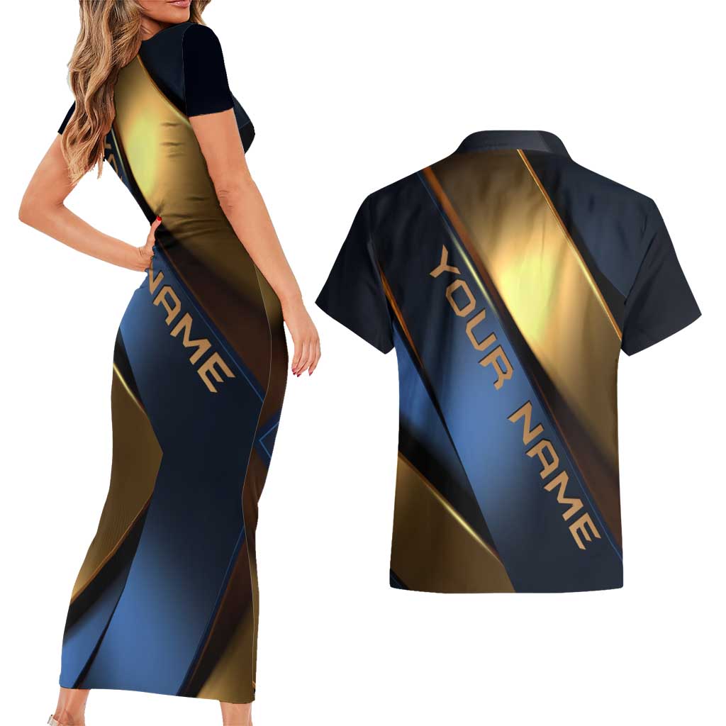 Angry Bowling Ball and Pins Couples Matching Short Sleeve Bodycon Dress and Hawaiian Shirt with Blue and Gold Metallic Stripe Graphic Design - Wonder Print Shop