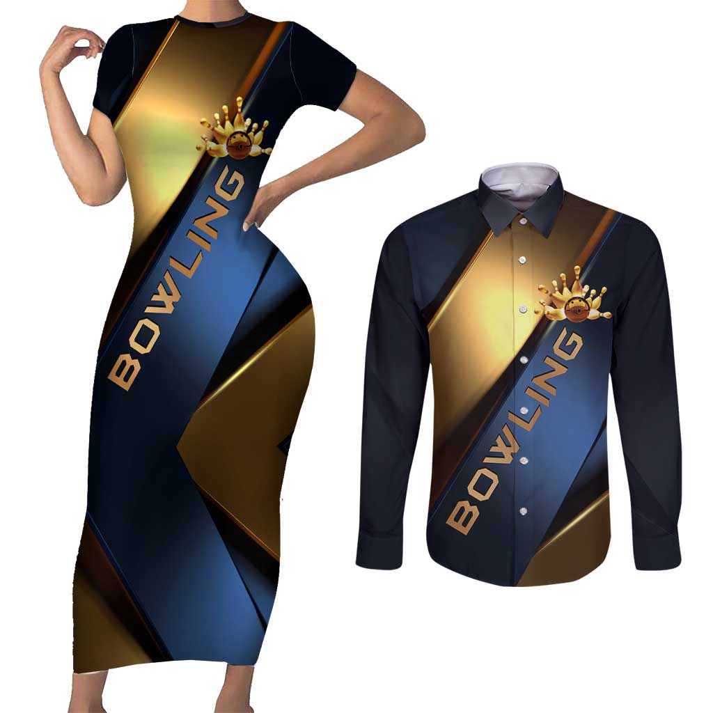 Angry Bowling Ball and Pins Couples Matching Short Sleeve Bodycon Dress and Long Sleeve Button Shirt with Blue and Gold Metallic Stripe Graphic Design - Wonder Print Shop