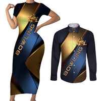 Angry Bowling Ball and Pins Couples Matching Short Sleeve Bodycon Dress and Long Sleeve Button Shirt with Blue and Gold Metallic Stripe Graphic Design - Wonder Print Shop