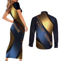 Angry Bowling Ball and Pins Couples Matching Short Sleeve Bodycon Dress and Long Sleeve Button Shirt with Blue and Gold Metallic Stripe Graphic Design - Wonder Print Shop