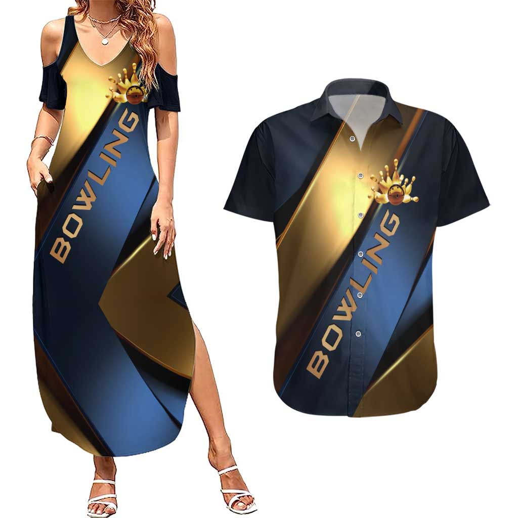 Angry Bowling Ball and Pins Couples Matching Summer Maxi Dress and Hawaiian Shirt with Blue and Gold Metallic Stripe Graphic Design - Wonder Print Shop