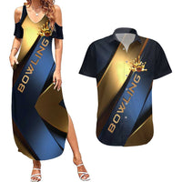 Angry Bowling Ball and Pins Couples Matching Summer Maxi Dress and Hawaiian Shirt with Blue and Gold Metallic Stripe Graphic Design - Wonder Print Shop