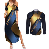 Angry Bowling Ball and Pins Couples Matching Summer Maxi Dress and Long Sleeve Button Shirt with Blue and Gold Metallic Stripe Graphic Design - Wonder Print Shop