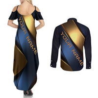 Angry Bowling Ball and Pins Couples Matching Summer Maxi Dress and Long Sleeve Button Shirt with Blue and Gold Metallic Stripe Graphic Design - Wonder Print Shop