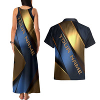Angry Bowling Ball and Pins Couples Matching Tank Maxi Dress and Hawaiian Shirt with Blue and Gold Metallic Stripe Graphic Design - Wonder Print Shop