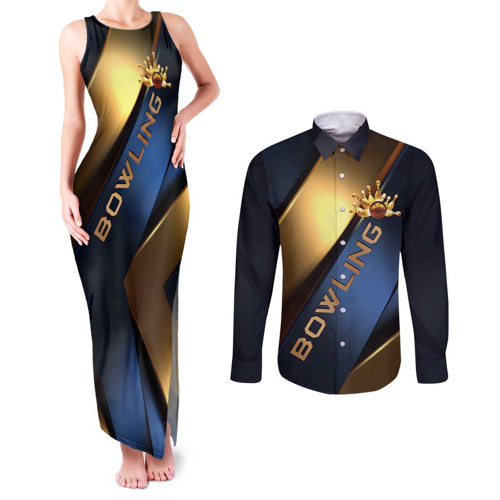 Angry Bowling Ball and Pins Couples Matching Tank Maxi Dress and Long Sleeve Button Shirt with Blue and Gold Metallic Stripe Graphic Design - Wonder Print Shop