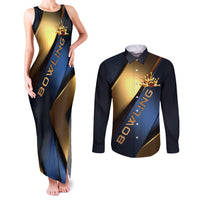 Angry Bowling Ball and Pins Couples Matching Tank Maxi Dress and Long Sleeve Button Shirt with Blue and Gold Metallic Stripe Graphic Design - Wonder Print Shop