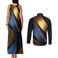 Angry Bowling Ball and Pins Couples Matching Tank Maxi Dress and Long Sleeve Button Shirt with Blue and Gold Metallic Stripe Graphic Design - Wonder Print Shop