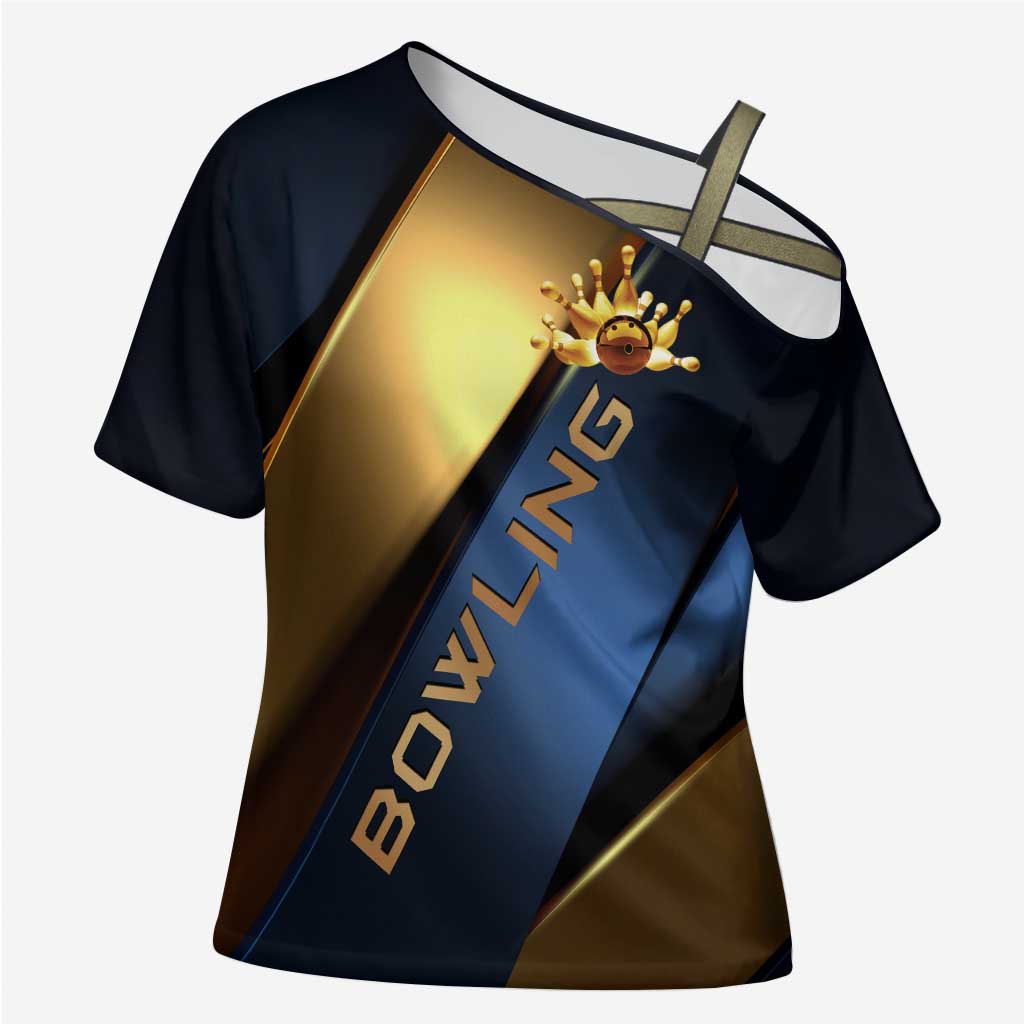 Angry Bowling Ball and Pins Cross Shoulder Shirt with Blue and Gold Metallic Stripe Graphic Design - Wonder Print Shop