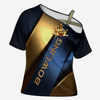 Angry Bowling Ball and Pins Cross Shoulder Shirt with Blue and Gold Metallic Stripe Graphic Design - Wonder Print Shop