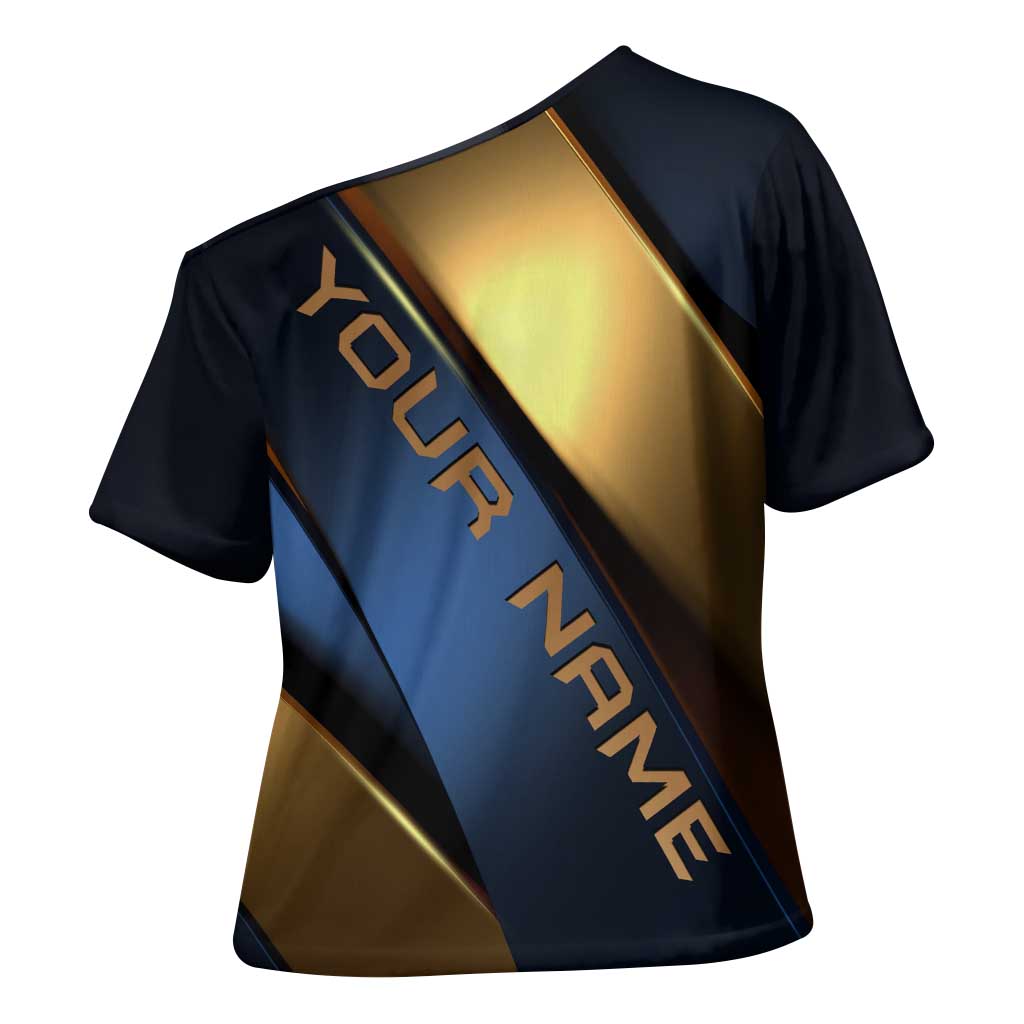 Angry Bowling Ball and Pins Cross Shoulder Shirt with Blue and Gold Metallic Stripe Graphic Design - Wonder Print Shop