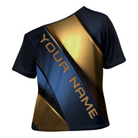 Angry Bowling Ball and Pins Cross Shoulder Shirt with Blue and Gold Metallic Stripe Graphic Design - Wonder Print Shop