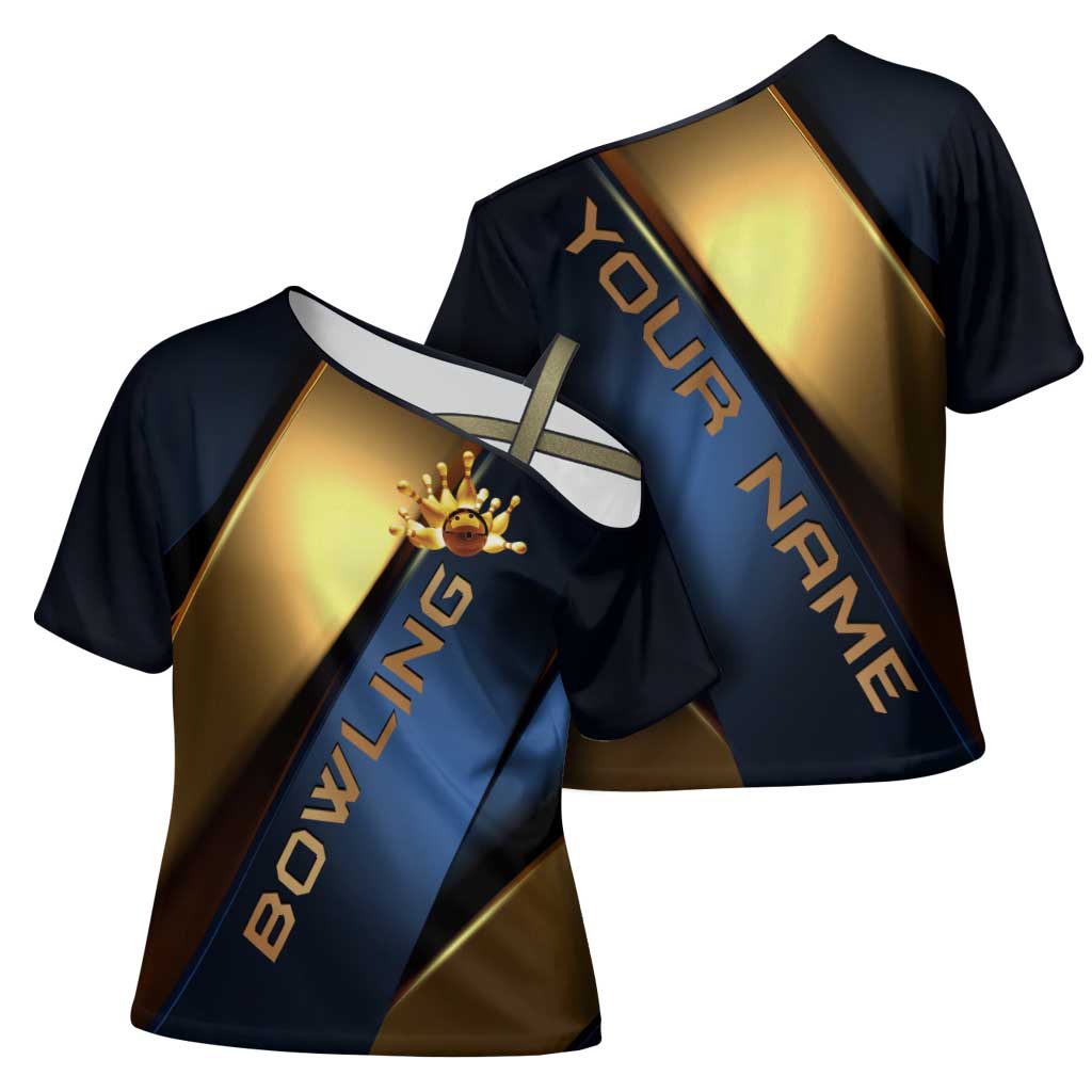 Angry Bowling Ball and Pins Cross Shoulder Shirt with Blue and Gold Metallic Stripe Graphic Design - Wonder Print Shop