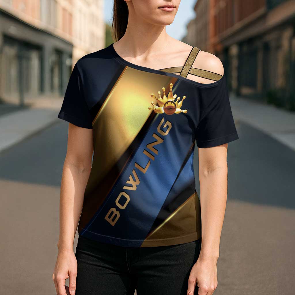 Angry Bowling Ball and Pins Cross Shoulder Shirt with Blue and Gold Metallic Stripe Graphic Design - Wonder Print Shop
