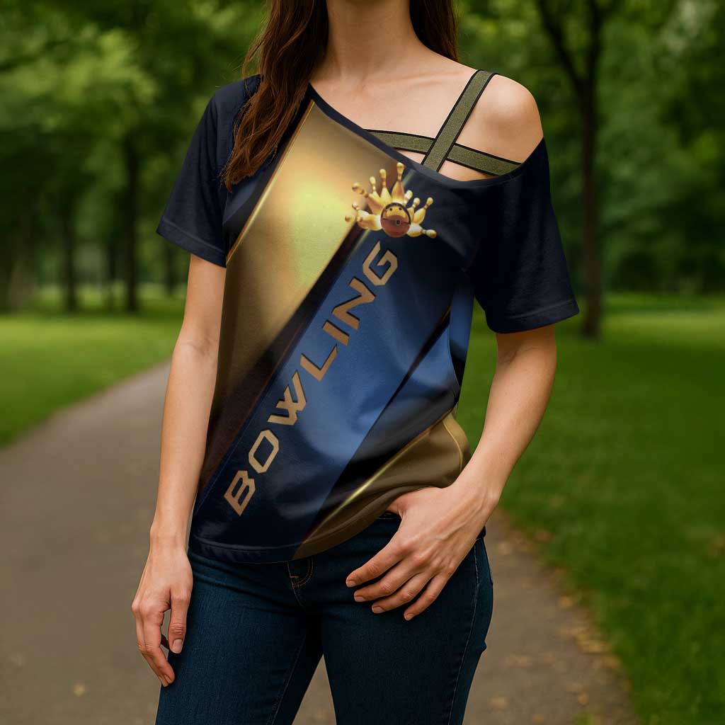 Angry Bowling Ball and Pins Cross Shoulder Shirt with Blue and Gold Metallic Stripe Graphic Design - Wonder Print Shop