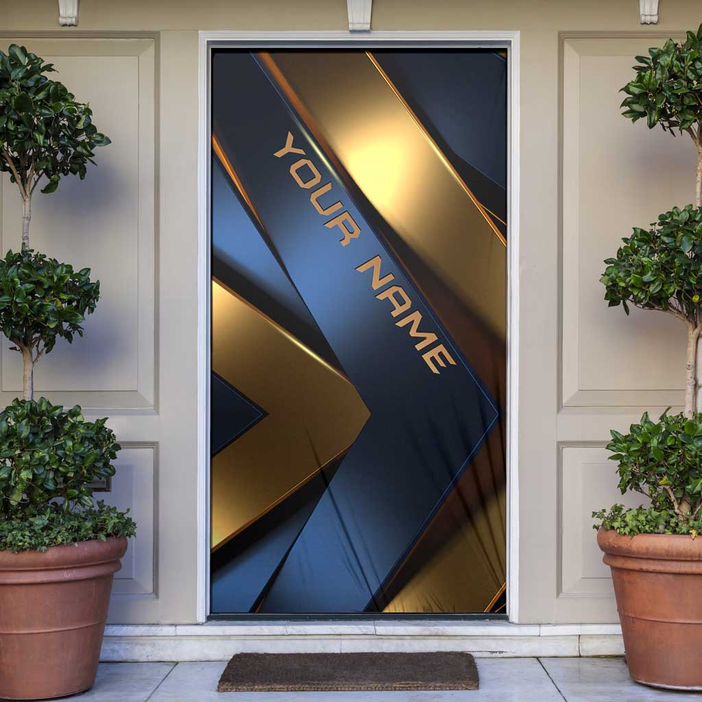 Angry Bowling Ball and Pins Door Cover with Blue and Gold Metallic Stripe Graphic Design - Wonder Print Shop