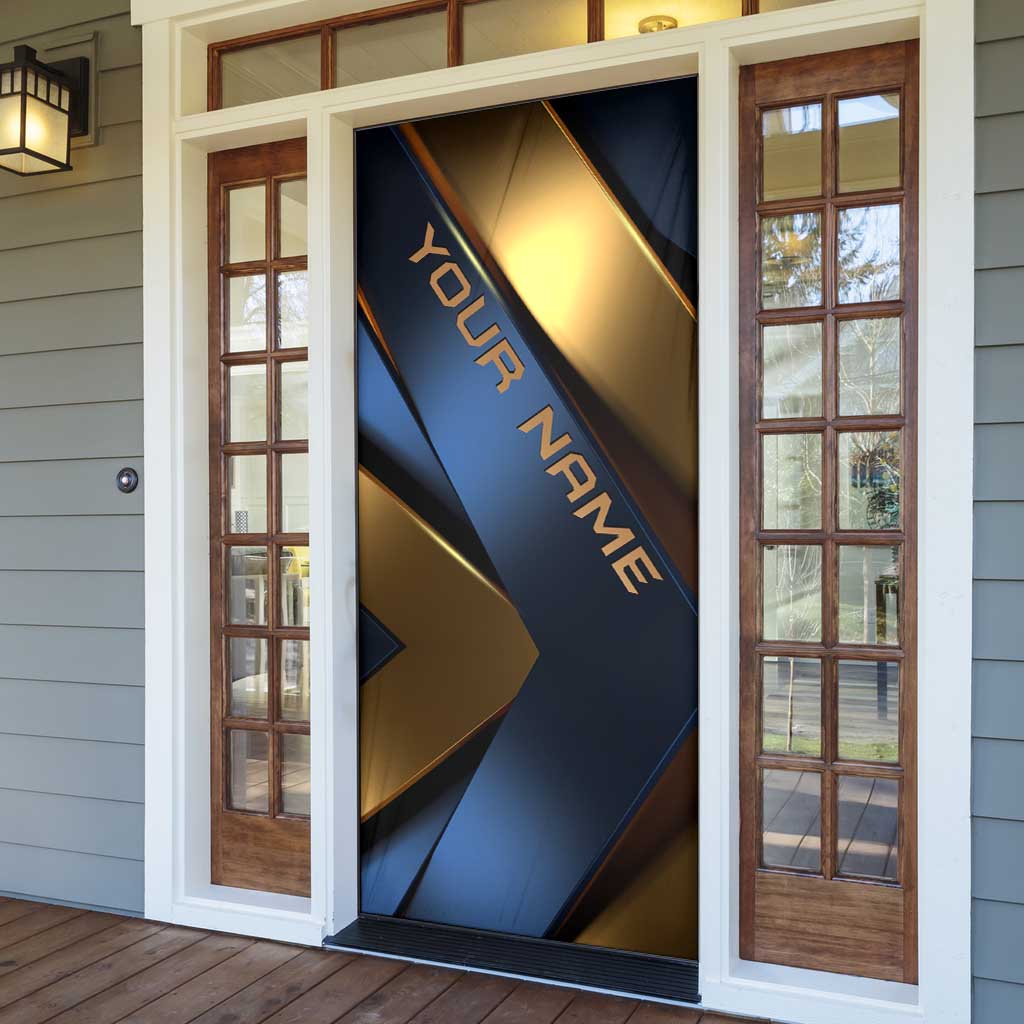 Angry Bowling Ball and Pins Door Cover with Blue and Gold Metallic Stripe Graphic Design - Wonder Print Shop