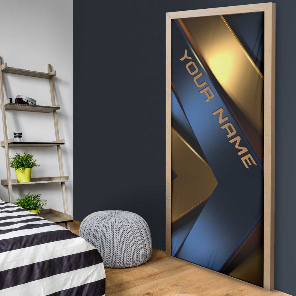 Angry Bowling Ball and Pins Door Cover with Blue and Gold Metallic Stripe Graphic Design - Wonder Print Shop