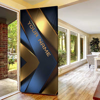 Angry Bowling Ball and Pins Door Cover with Blue and Gold Metallic Stripe Graphic Design - Wonder Print Shop