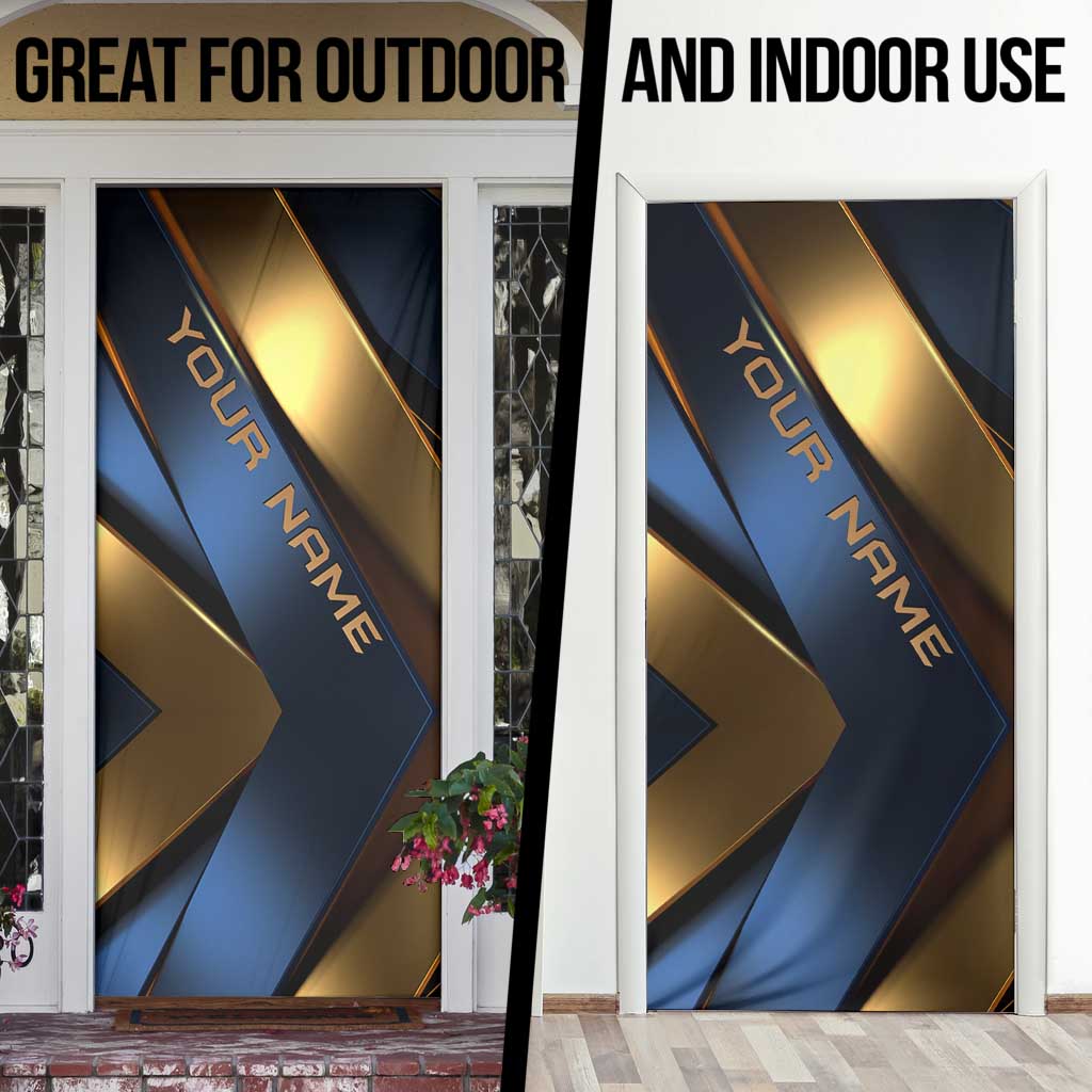 Angry Bowling Ball and Pins Door Cover with Blue and Gold Metallic Stripe Graphic Design - Wonder Print Shop