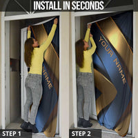 Angry Bowling Ball and Pins Door Cover with Blue and Gold Metallic Stripe Graphic Design - Wonder Print Shop