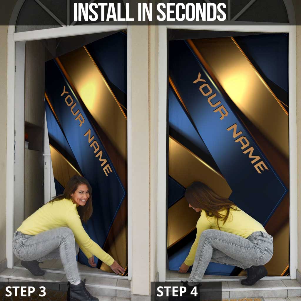 Angry Bowling Ball and Pins Door Cover with Blue and Gold Metallic Stripe Graphic Design - Wonder Print Shop