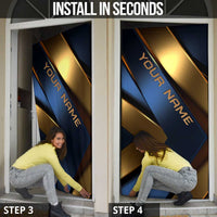 Angry Bowling Ball and Pins Door Cover with Blue and Gold Metallic Stripe Graphic Design - Wonder Print Shop