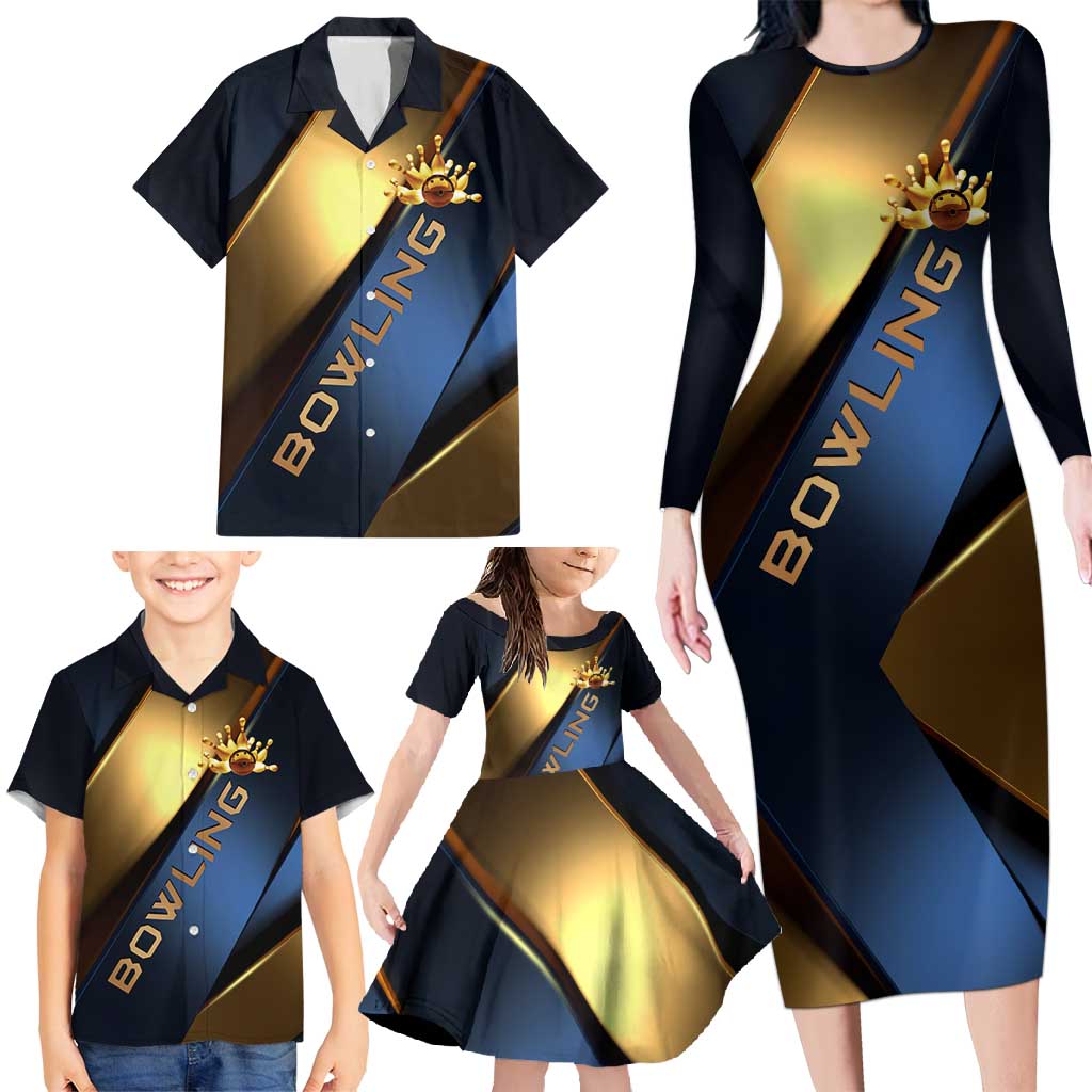 Angry Bowling Ball and Pins Family Matching Long Sleeve Bodycon Dress and Hawaiian Shirt with Blue and Gold Metallic Stripe Graphic Design - Wonder Print Shop