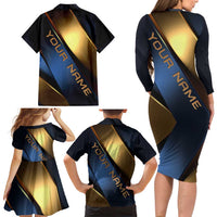 Angry Bowling Ball and Pins Family Matching Long Sleeve Bodycon Dress and Hawaiian Shirt with Blue and Gold Metallic Stripe Graphic Design - Wonder Print Shop