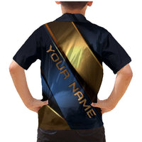 Angry Bowling Ball and Pins Family Matching Mermaid Dress and Hawaiian Shirt with Blue and Gold Metallic Stripe Graphic Design - Wonder Print Shop