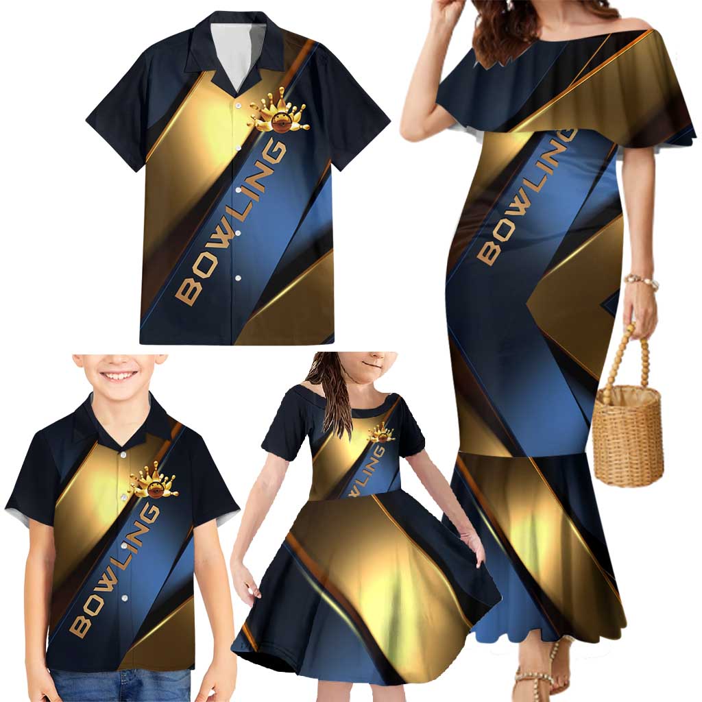Angry Bowling Ball and Pins Family Matching Mermaid Dress and Hawaiian Shirt with Blue and Gold Metallic Stripe Graphic Design - Wonder Print Shop