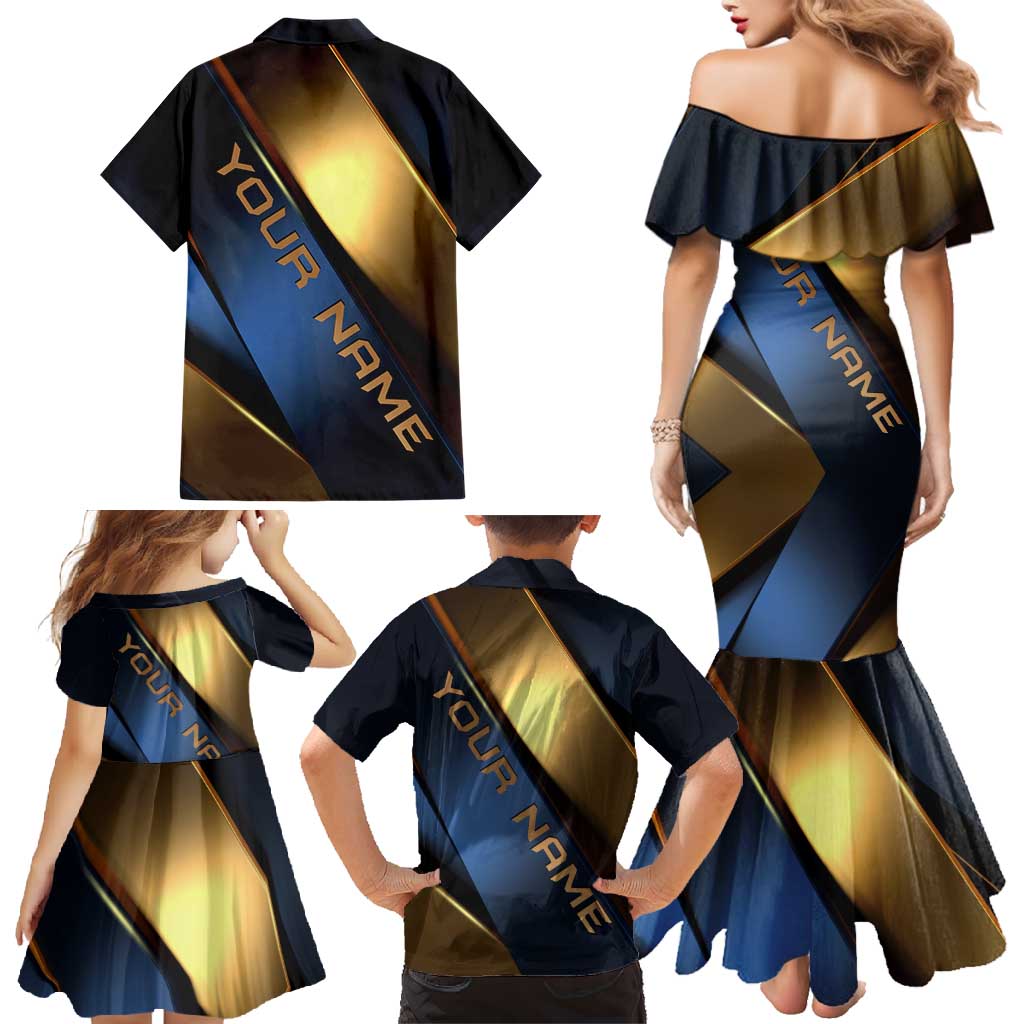 Angry Bowling Ball and Pins Family Matching Mermaid Dress and Hawaiian Shirt with Blue and Gold Metallic Stripe Graphic Design - Wonder Print Shop