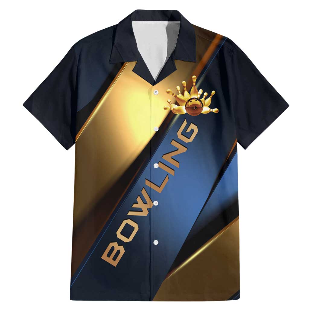 Angry Bowling Ball and Pins Family Matching Mermaid Dress and Hawaiian Shirt with Blue and Gold Metallic Stripe Graphic Design - Wonder Print Shop