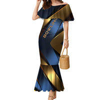 Angry Bowling Ball and Pins Family Matching Mermaid Dress and Hawaiian Shirt with Blue and Gold Metallic Stripe Graphic Design - Wonder Print Shop