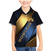 Angry Bowling Ball and Pins Family Matching Mermaid Dress and Hawaiian Shirt with Blue and Gold Metallic Stripe Graphic Design - Wonder Print Shop