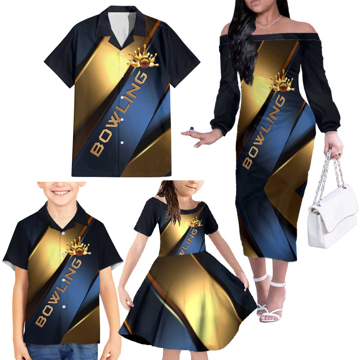 Angry Bowling Ball and Pins Family Matching Off The Shoulder Long Sleeve Dress and Hawaiian Shirt with Blue and Gold Metallic Stripe Graphic Design - Wonder Print Shop