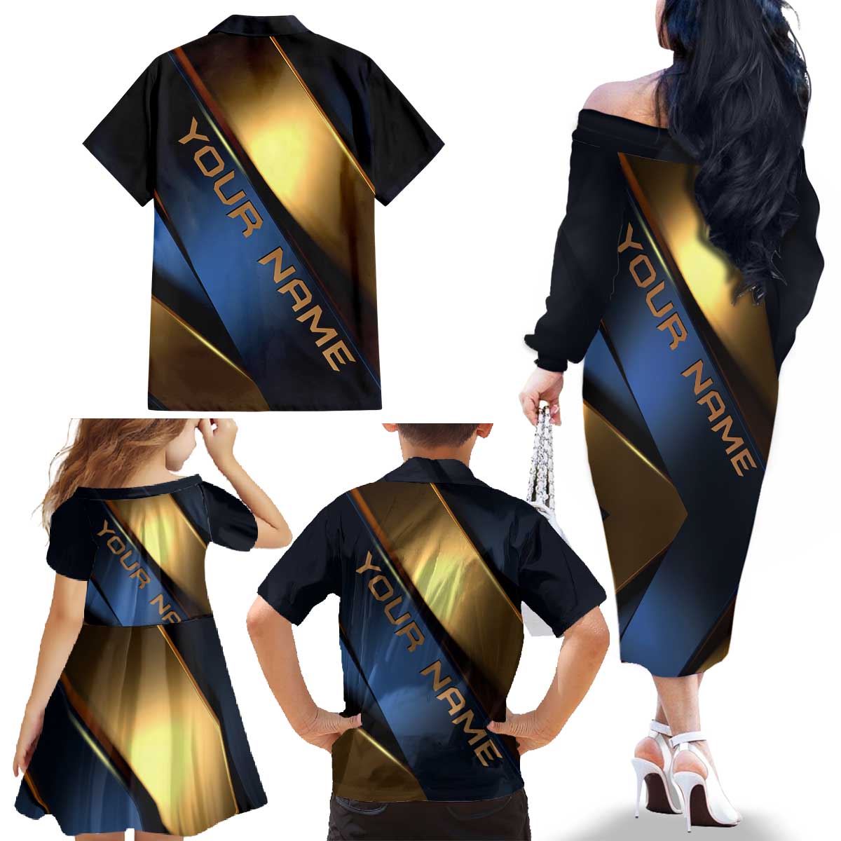 Angry Bowling Ball and Pins Family Matching Off The Shoulder Long Sleeve Dress and Hawaiian Shirt with Blue and Gold Metallic Stripe Graphic Design - Wonder Print Shop