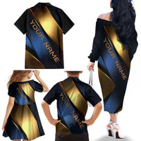 Angry Bowling Ball and Pins Family Matching Off The Shoulder Long Sleeve Dress and Hawaiian Shirt with Blue and Gold Metallic Stripe Graphic Design - Wonder Print Shop