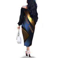 Angry Bowling Ball and Pins Family Matching Off The Shoulder Long Sleeve Dress and Hawaiian Shirt with Blue and Gold Metallic Stripe Graphic Design - Wonder Print Shop