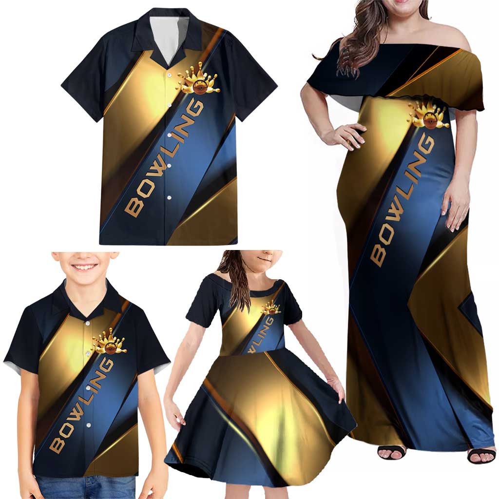 Angry Bowling Ball and Pins Family Matching Off Shoulder Maxi Dress and Hawaiian Shirt with Blue and Gold Metallic Stripe Graphic Design - Wonder Print Shop