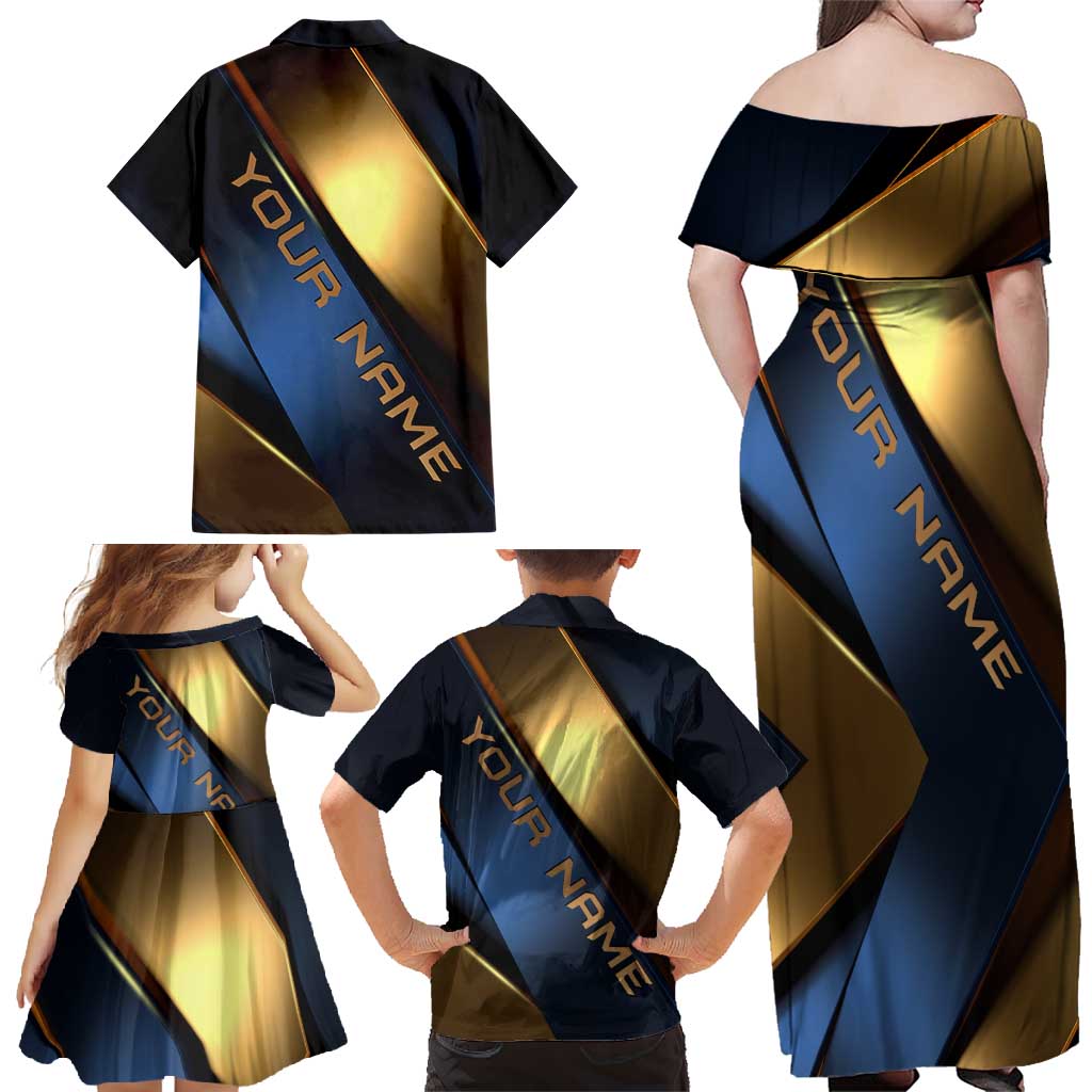 Angry Bowling Ball and Pins Family Matching Off Shoulder Maxi Dress and Hawaiian Shirt with Blue and Gold Metallic Stripe Graphic Design - Wonder Print Shop