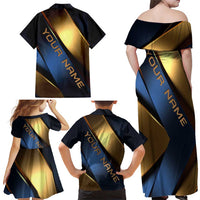Angry Bowling Ball and Pins Family Matching Off Shoulder Maxi Dress and Hawaiian Shirt with Blue and Gold Metallic Stripe Graphic Design - Wonder Print Shop