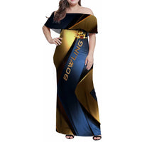 Angry Bowling Ball and Pins Family Matching Off Shoulder Maxi Dress and Hawaiian Shirt with Blue and Gold Metallic Stripe Graphic Design - Wonder Print Shop