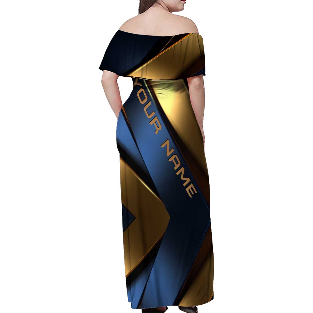 Angry Bowling Ball and Pins Family Matching Off Shoulder Maxi Dress and Hawaiian Shirt with Blue and Gold Metallic Stripe Graphic Design - Wonder Print Shop