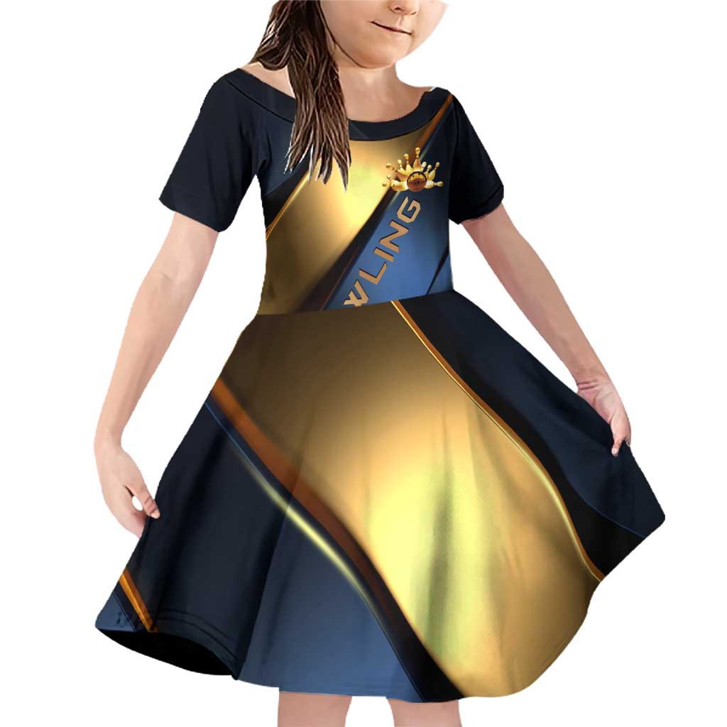 Angry Bowling Ball and Pins Family Matching Off Shoulder Short Dress and Hawaiian Shirt with Blue and Gold Metallic Stripe Graphic Design - Wonder Print Shop