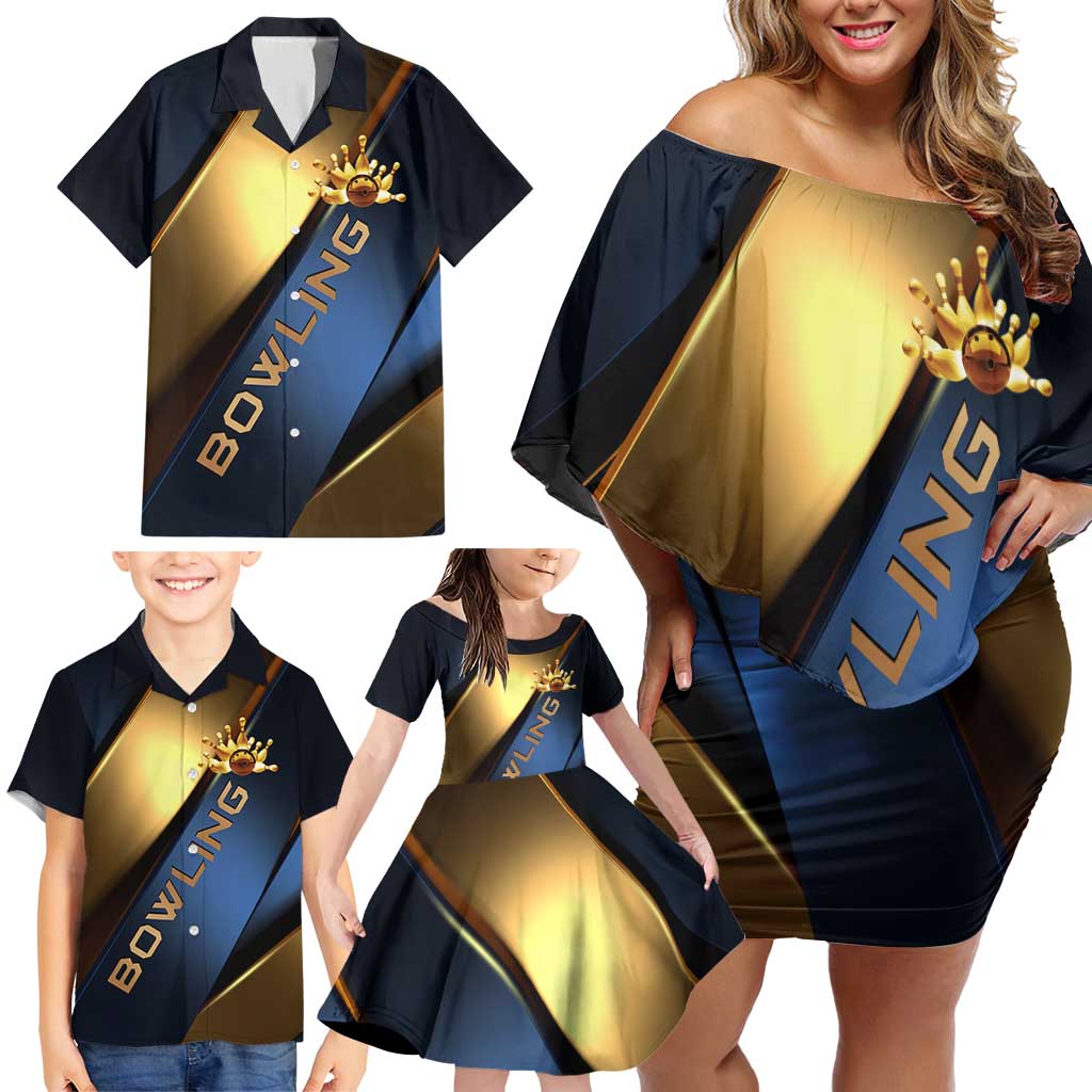 Angry Bowling Ball and Pins Family Matching Off Shoulder Short Dress and Hawaiian Shirt with Blue and Gold Metallic Stripe Graphic Design - Wonder Print Shop