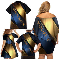 Angry Bowling Ball and Pins Family Matching Off Shoulder Short Dress and Hawaiian Shirt with Blue and Gold Metallic Stripe Graphic Design - Wonder Print Shop