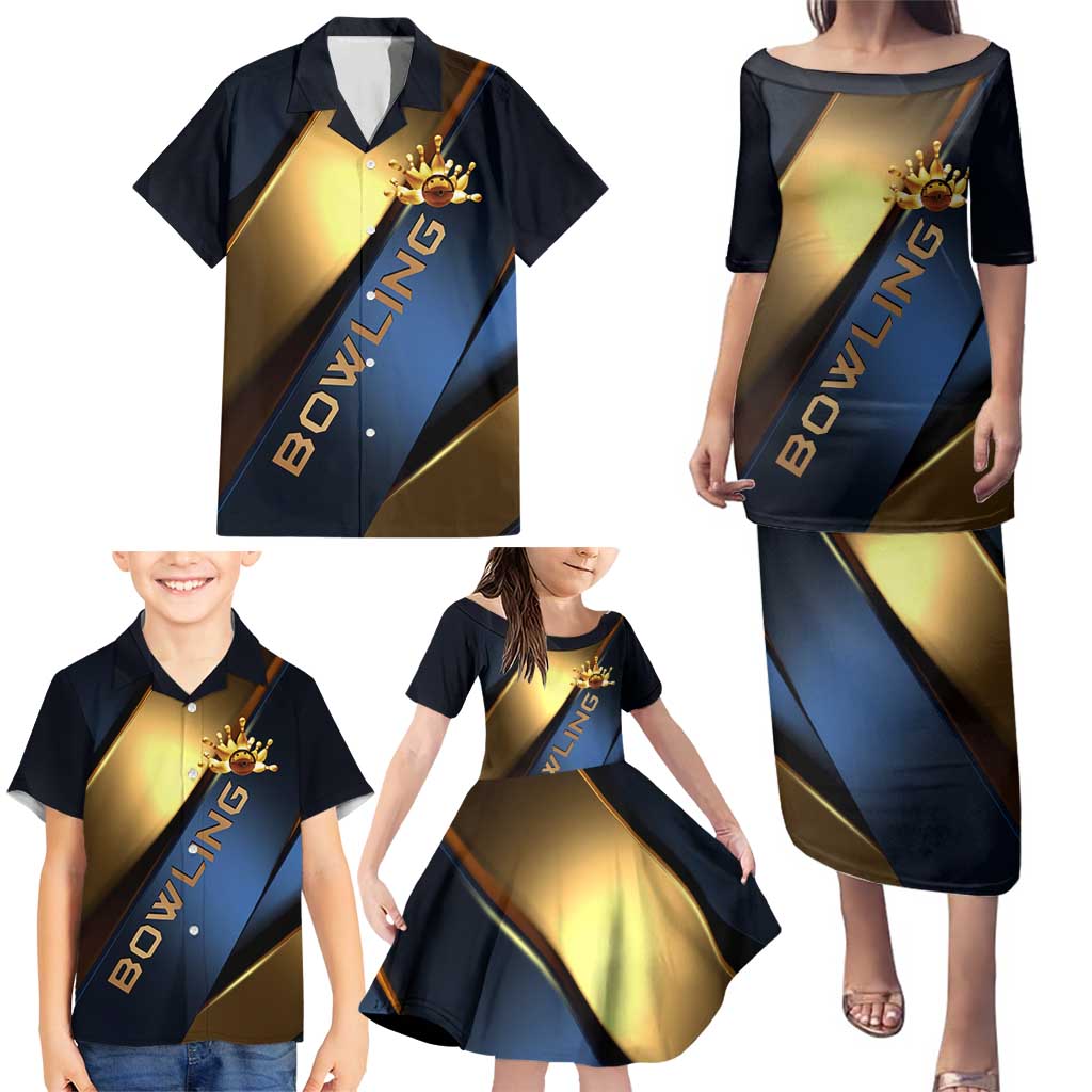 Angry Bowling Ball and Pins Family Matching Puletasi and Hawaiian Shirt with Blue and Gold Metallic Stripe Graphic Design - Wonder Print Shop