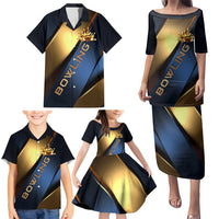 Angry Bowling Ball and Pins Family Matching Puletasi and Hawaiian Shirt with Blue and Gold Metallic Stripe Graphic Design - Wonder Print Shop